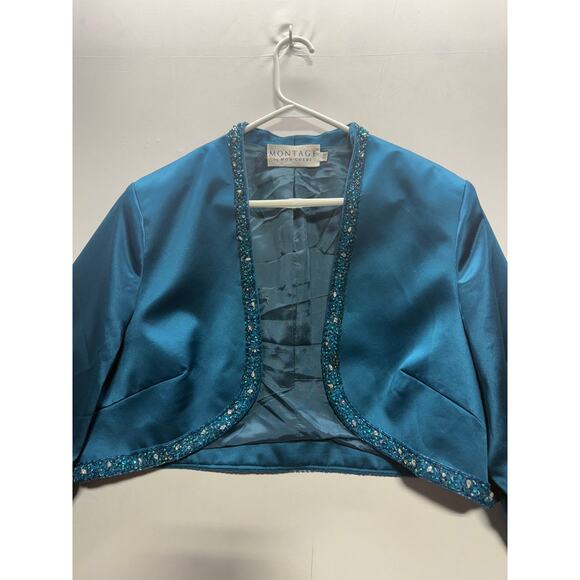 Montage by Mon Cheri Teal Satin Beaded Bolero Jacket Size 18W - Picture 4 of 11